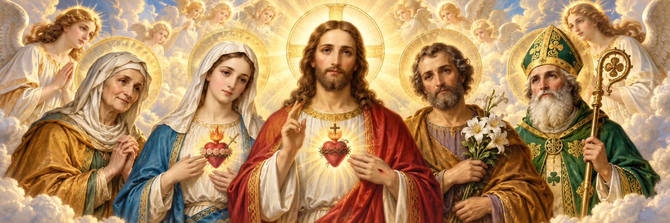 Jesus Christ surrounded by Mary, saints, and angels.